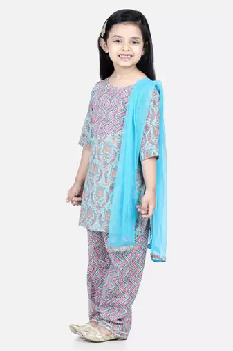 BownBee Pure Cotton Printed Kurti with Pant for Girls- Blue