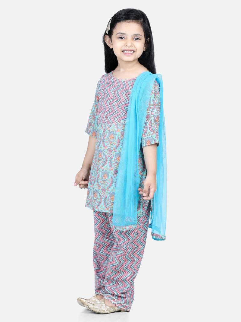 BownBee Pure Cotton Printed Kurti with Pant for Girls- Blue