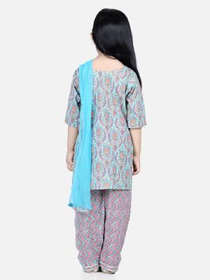 BownBee Pure Cotton Printed Kurti with Pant for Girls- Blue 3
