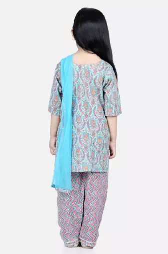 BownBee Pure Cotton Printed Kurti with Pant for Girls- Blue