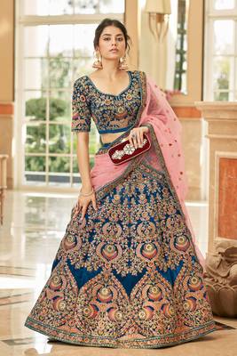  Blue Thread Zari Dori And Sequins Embroidered Velvet Bridal Wear Wedding Lehenga Choli For Bride 1