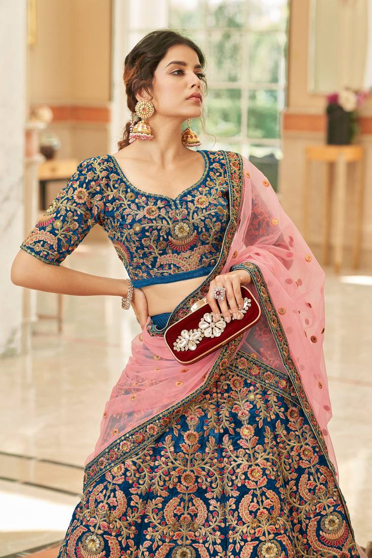  Blue Thread Zari Dori And Sequins Embroidered Velvet Bridal Wear Wedding Lehenga Choli For Bride