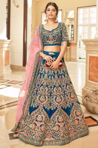  Blue Thread Zari Dori And Sequins Embroidered Velvet Bridal Wear Wedding Lehenga Choli For Bride