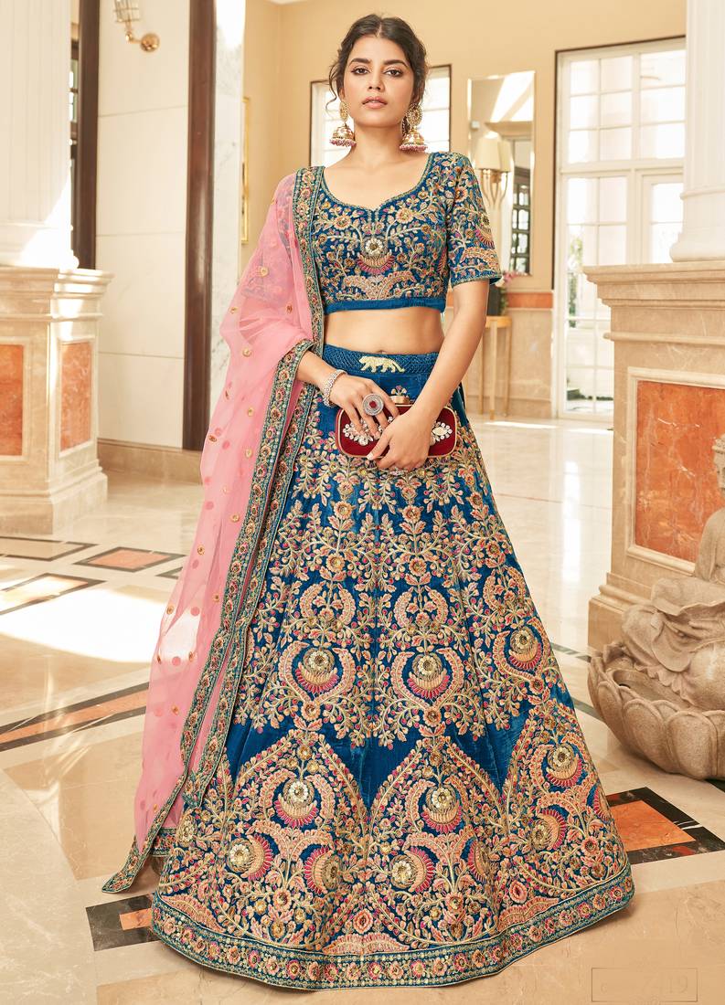  Blue Thread Zari Dori And Sequins Embroidered Velvet Bridal Wear Wedding Lehenga Choli For Bride