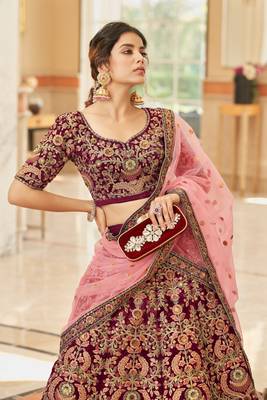 Maroon Thread Zari Dori And Sequins Embroidered Velvet Wedding Wear Bridal Lehenga Choli For Dulhan 3