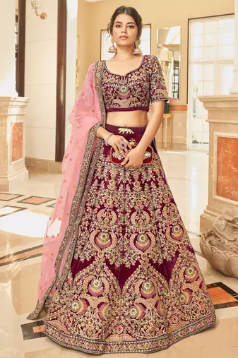 Maroon Thread Zari Dori And Sequins Embroidered Velvet Wedding Wear Bridal Lehenga Choli For Dulhan