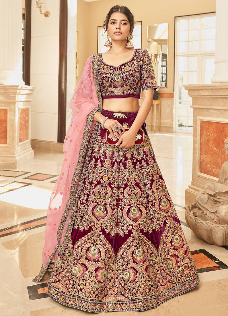 Maroon Thread Zari Dori And Sequins Embroidered Velvet Wedding Wear Bridal Lehenga Choli For Dulhan