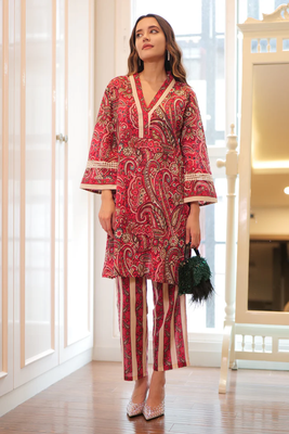 Women's Floral Printed Knee Length V Neck Kurta And Pant Set (Red) 3