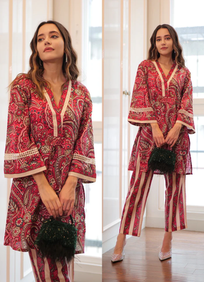 Women's Floral Printed Knee Length V Neck Kurta And Pant Set (Red) 4