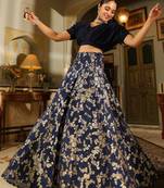 Janasya Women's Navy Blue Silk Blend Brocade Panelled Lehenga Choli Set