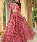 Janasya Women's Pink Georgette Floral Printed Gathered Lehenga Choli Set
