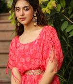 Janasya women's bright pink georgette floral maxi gown with embellished belt