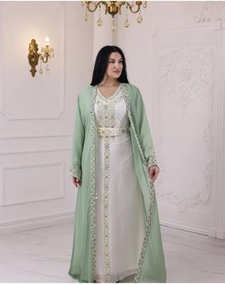 Sea Green And White Zari Embroidered Stone Work Georgette Casual Stitched Wedding Party Wear Dress 1