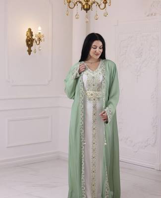 Sea Green And White Zari Embroidered Stone Work Georgette Casual Stitched Wedding Party Wear Dress 2
