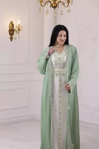 Sea Green And White Zari Embroidered Stone Work Georgette Casual Stitched Wedding Party Wear Dress