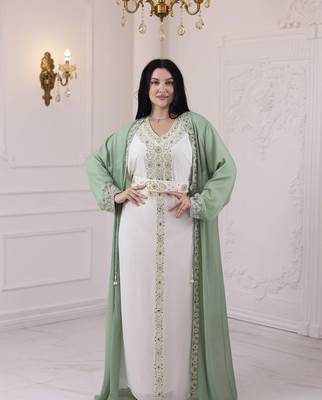 Sea Green And White Zari Embroidered Stone Work Georgette Casual Stitched Wedding Party Wear Dress 3