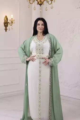 Sea Green And White Zari Embroidered Stone Work Georgette Casual Stitched Wedding Party Wear Dress