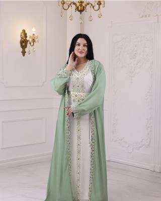 Sea Green And White Zari Embroidered Stone Work Georgette Casual Stitched Wedding Party Wear Dress 4