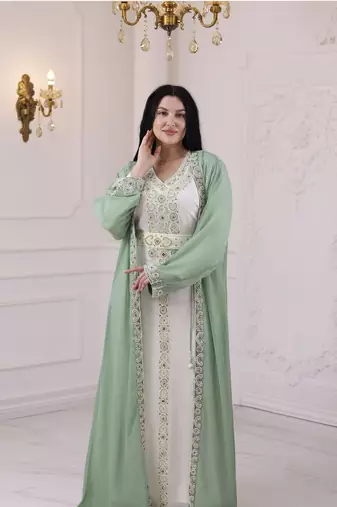 Sea Green And White Zari Embroidered Stone Work Georgette Casual Stitched Wedding Party Wear Dress