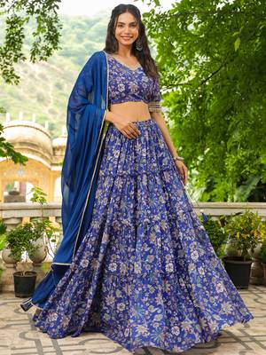 Janasya Women's Blue Georgette Floral Printed Tiered Lehenga Choli Set 1