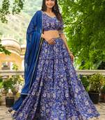 Janasya Women's Blue Georgette Floral Printed Tiered Lehenga Choli Set