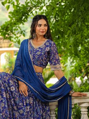Janasya Women's Blue Georgette Floral Printed Tiered Lehenga Choli Set 2