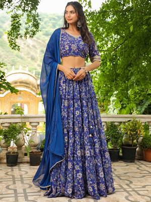 Janasya Women's Blue Georgette Floral Printed Tiered Lehenga Choli Set 3