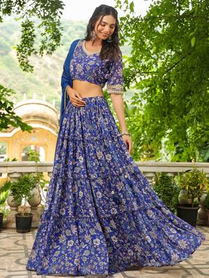Janasya Women's Blue Georgette Floral Printed Tiered Lehenga Choli Set 4