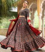 Janasya Women's Black & Maroon Pure Cotton Ethnic Motifs Printed Tiered Lehenga Choli Set
