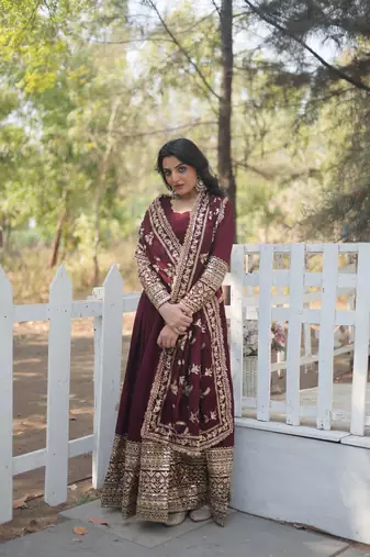 Dark Maroon Cotton Sequin Embroidered Salwar Suit 