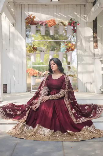 Dark Maroon Cotton Sequin Embroidered Salwar Suit 