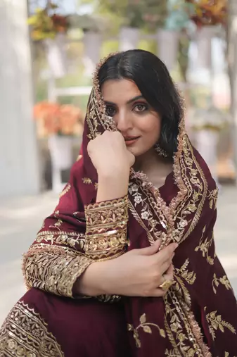 Dark Maroon Cotton Sequin Embroidered Salwar Suit 