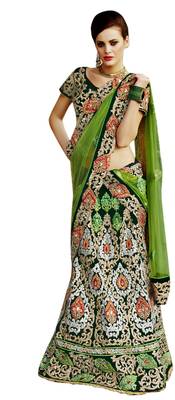 Designer Velvet Fabric  Green Colored Embroidered Lahenga Choli 1