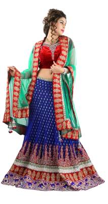 Designer Net Fabric  Red Colored Embroidered Lahenga Choli 2