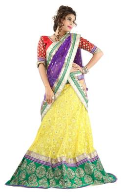 Designer Net Fabric  Yellow Colored Embroidered Lahenga Choli 1