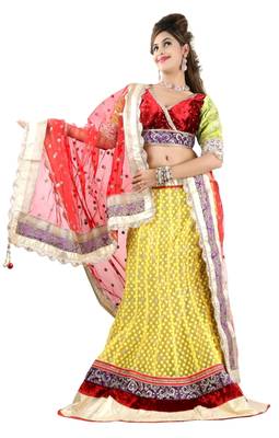 Designer Net Fabric  Red Colored Embroidered Lahenga Choli 1