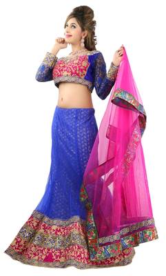 Designer Net Fabric  Blue Colored Embroidered Lahenga Choli 1