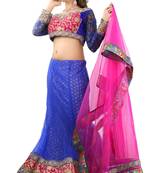 Designer Net Fabric  Blue Colored Embroidered Lahenga Choli