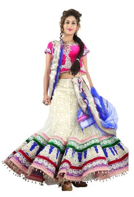 Designer Net Fabric  Blue Colored Embroidered Lahenga Choli 1