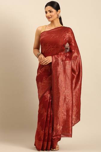 Sangam Prints Red Cotton Woven Work Traditional Saree
