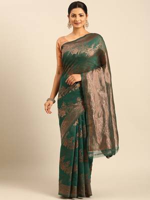 Sangam Prints Green Cotton Woven Work Traditional Saree 1