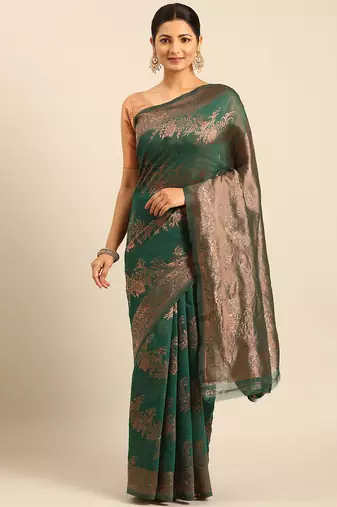 Sangam Prints Green Cotton Woven Work Traditional Saree