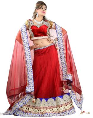 Designer Net Fabric  Red Colored Embroidered Lahenga Choli 1