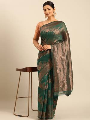 Sangam Prints Green Cotton Woven Work Traditional Saree 2