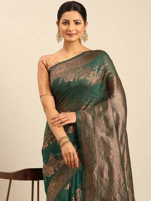 Sangam Prints Green Cotton Woven Work Traditional Saree 3