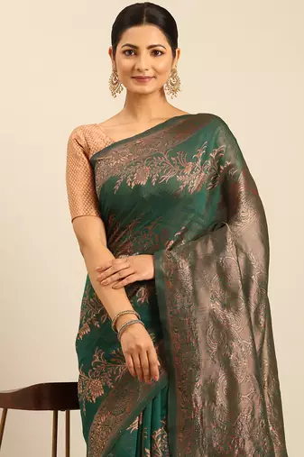 Sangam Prints Green Cotton Woven Work Traditional Saree