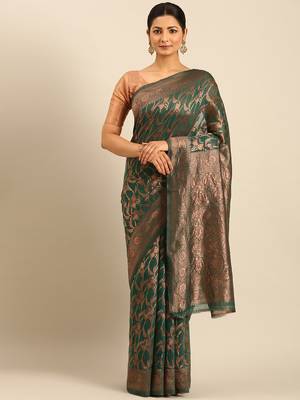 Sangam Prints Green Cotton Woven Work Traditional Saree 1