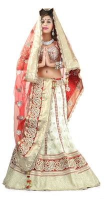 Designer Net Fabric  Beige Colored Embroidered Lahenga Choli 2