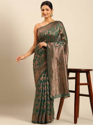 Sangam Prints Green Cotton Woven Work Traditional Saree 2