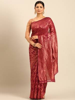 Sangam Prints Magenta Cotton Woven Work Traditional Saree 1